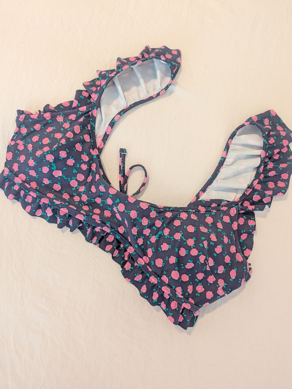 Aerie Navy Pink Floral Flowers Bikini Top Ruffles Tie Back Swim Beach Pool Sz M